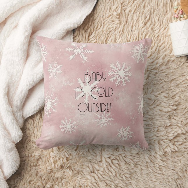 Pink White Christmas Snowflakes Stripes  Throw Pillow (Blanket)