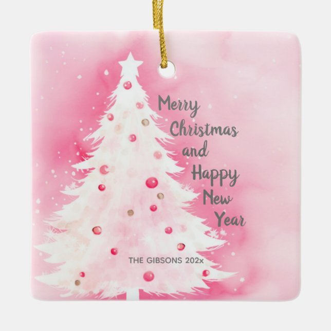 Pink White Christmas Tree Ceramic Ornament (Front)