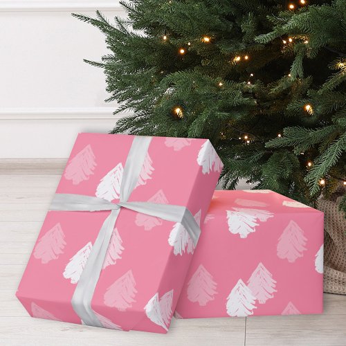 Pink White Christmas Tree Pattern Wrapping Paper
