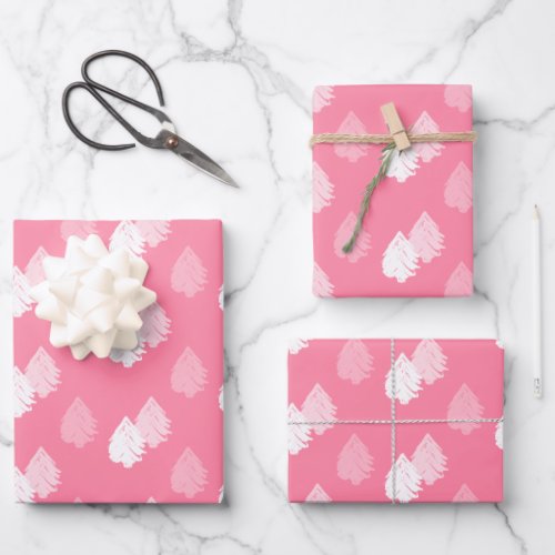 Pink White Christmas Tree Pattern Wrapping Paper Sheets