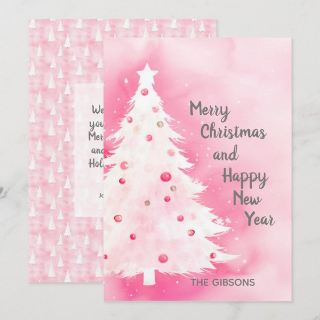 Pink White Christmas Tree Watercolor Card (Front/Back)
