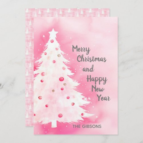 Pink White Christmas Tree Watercolor Card