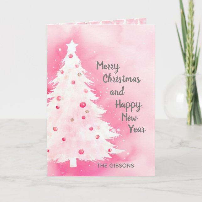 Pink White Christmas Tree Watercolor Card (Front)