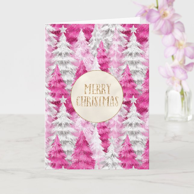 Pink White Christmas Trees Gold Glitter   Card (Orchid)