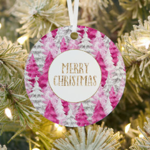 Pink White Christmas Trees Gold Glitter Metal Ornament