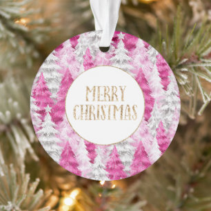 Pink White Christmas Trees Gold Glitter Ornament