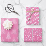 Pink white Christmas, trees, polka dots holiday Wrapping Paper Sheets<br><div class="desc">Pink and white Merry Christmas, trees and polka dots holiday Wrapping Paper Sheets. The first sheet features white winter trees on pink background. The second showcases the text :"Merry Christmas" in bold typography and the third displays polka dots-snow. Personalize it with your text. Please note that if your text takes...</div>