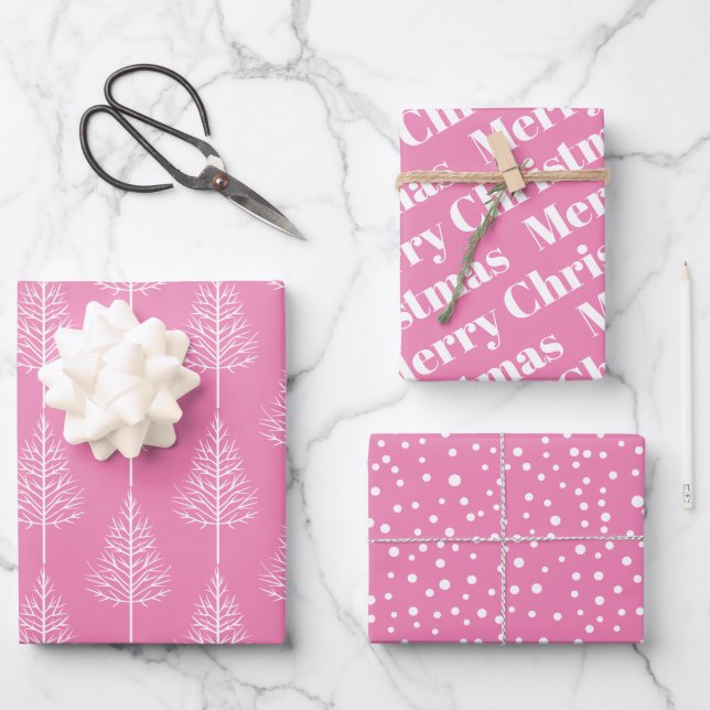 Pink white Christmas, trees, polka dots holiday Wrapping Paper Sheets (Front)