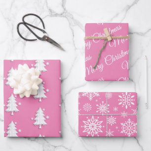 Pink, White Christmas, Trees, Snowflakes holiday Wrapping Paper Sheets