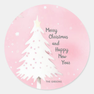 Pink White Christmas Vintage Watercolor Classic Round Sticker