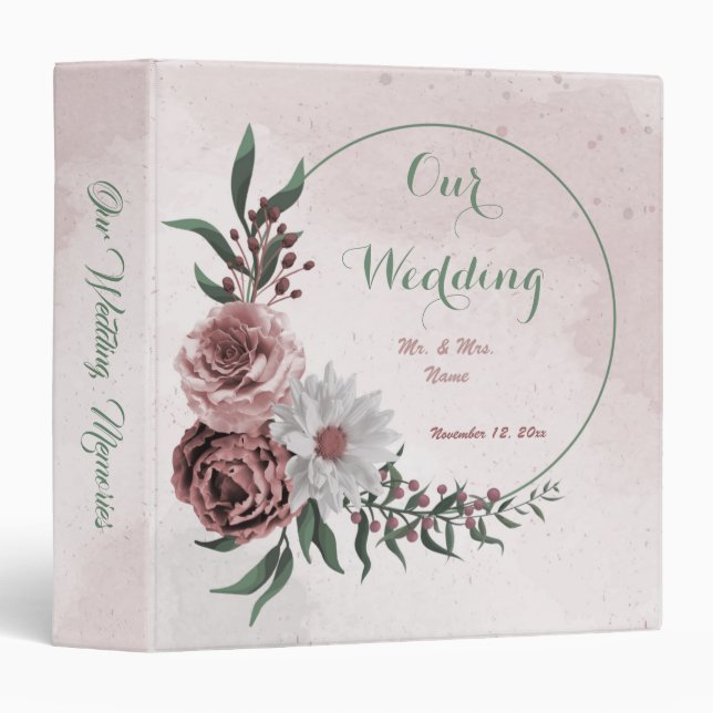 pink white cinnamon rose floral photo album 3 ring binder (Front/Spine)