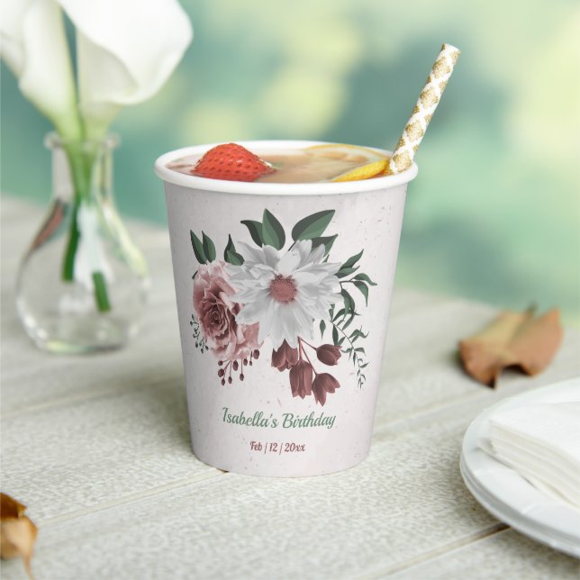 pink, white & cinnamon rose flowers greenery party paper cups (Insitu)