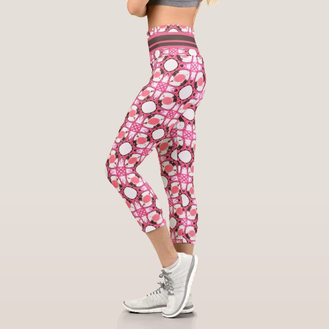 Pink White Circle Abstract Geometric Pattern Capri Leggings (Left)