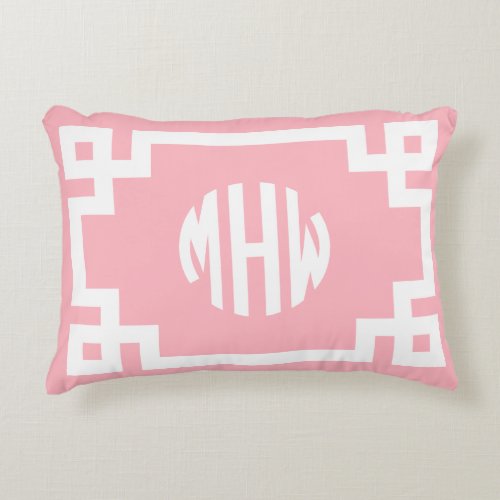 Pink White Circle Monogram Greek Key DIY BG Accent Pillow