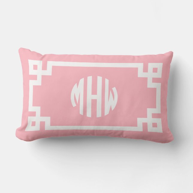 Pink White Circle Monogram Greek Key DIY BG Lumbar Pillow (Front)
