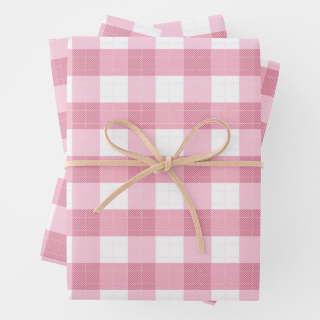Pink & White Classic Gingham Pattern Wrapping Paper Sheets (In situ)