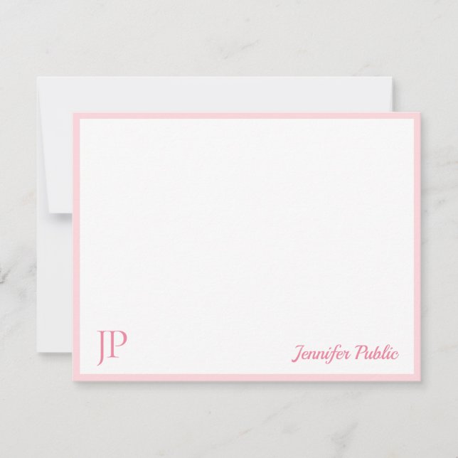 Pink White Classic Handwritten Script Monogram Note Card (Front)