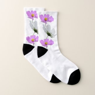 Pink & White Cosmea Flowers White Socks
