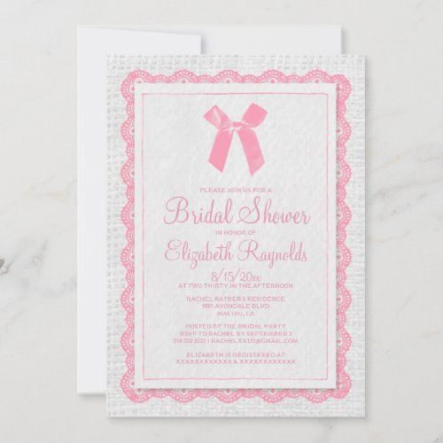 Pink White Country Burlap Bridal Shower Invitation