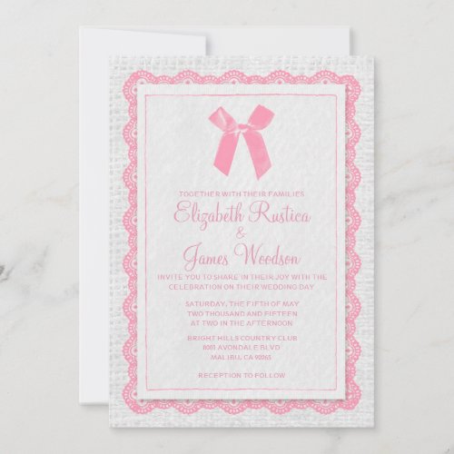 Pink &amp; White Country Burlap Wedding Invitations