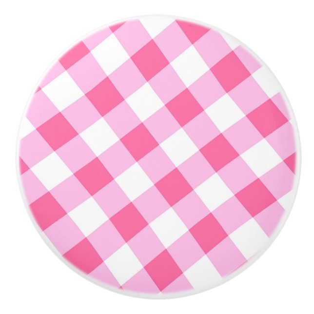 Pink & White Country Gingham Checkered Checker Ceramic Knob (Front)
