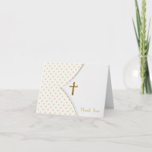 Pink White Cross Girl Christening Thank You Cards