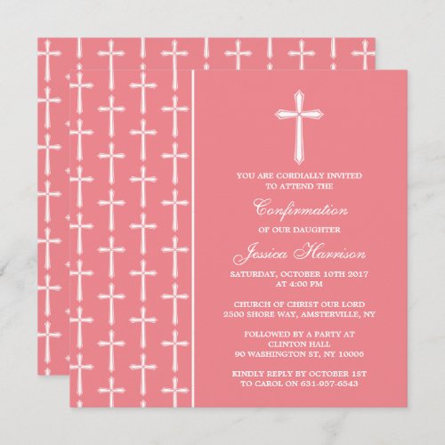 Pink  White Cross Holy Communion Or Confirmation Invitation