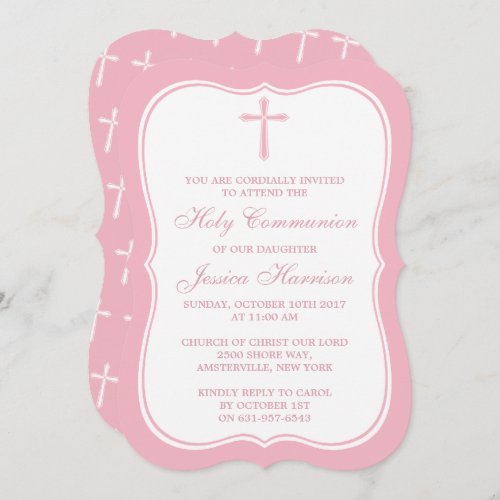 Pink  White Cross Holy Communion Or Confirmation Invitation
