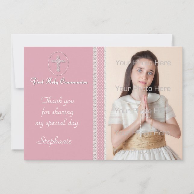 Pink White Cross Lace Religious Photo Card (Front)