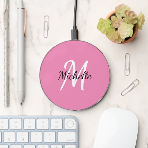 Pink  White Custom Monogram Cute Simple Wireless Charger
