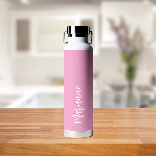 Pink white custom name script water bottle