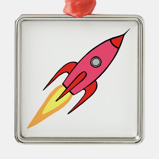 Pink & White Cute Retro Rocketship Cartoon Design Metal Ornament (Front)