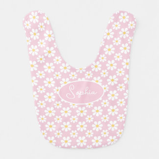 Pink White Daisy Pattern Custom Name  Baby Bib