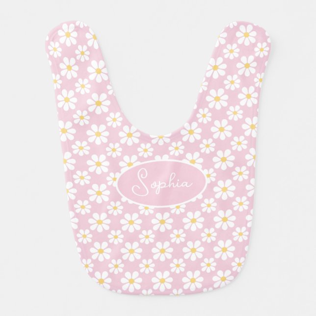 Pink White Daisy Pattern Custom Name  Baby Bib (Front)