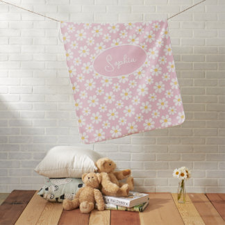 Pink White Daisy Pattern Custom Name  Baby Blanket
