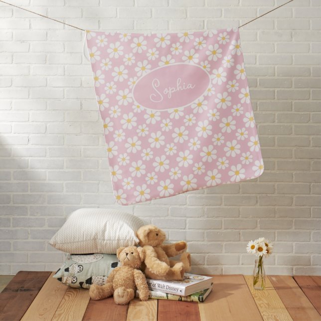 Pink White Daisy Pattern Custom Name  Baby Blanket (In Situ)