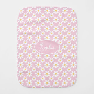 Pink White Daisy Pattern Custom Name  Baby Burp Cloth