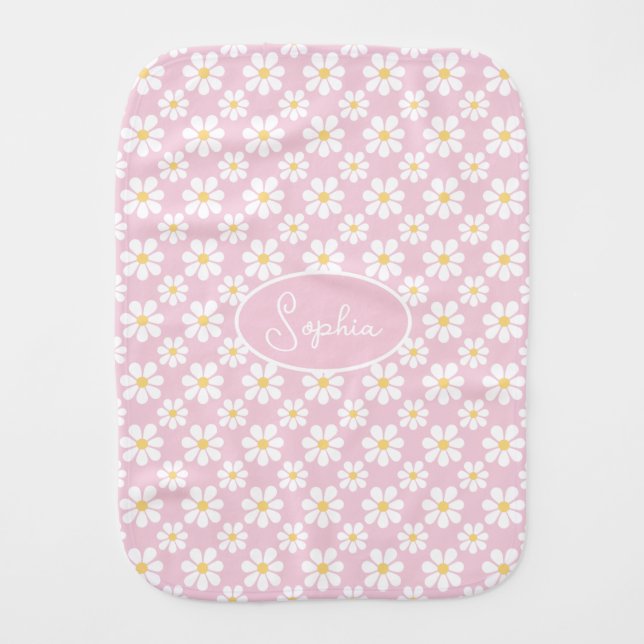 Pink White Daisy Pattern Custom Name  Baby Burp Cloth (Front)