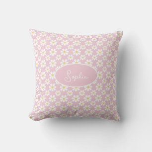 Pink White Daisy Pattern Custom Name Throw Pillow