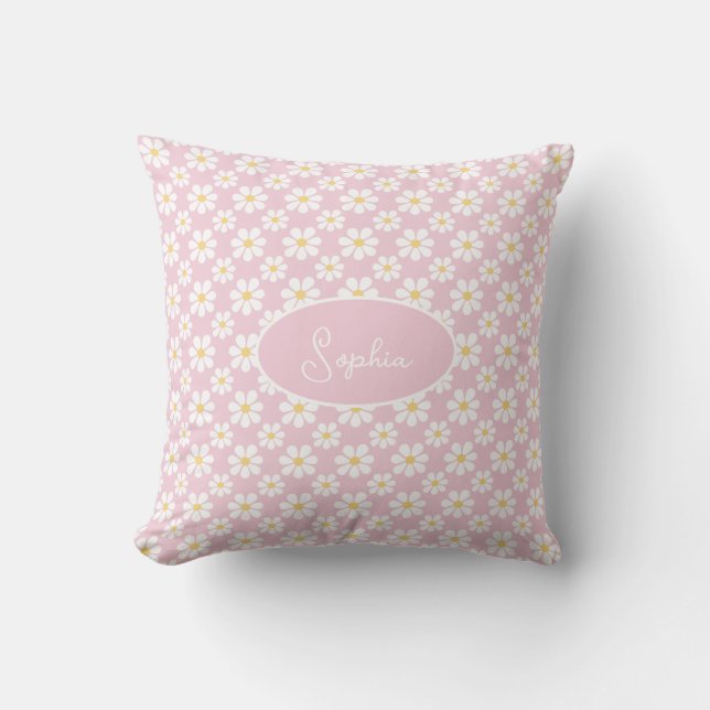 Pink White Daisy Pattern Custom Name  Throw Pillow (Front)