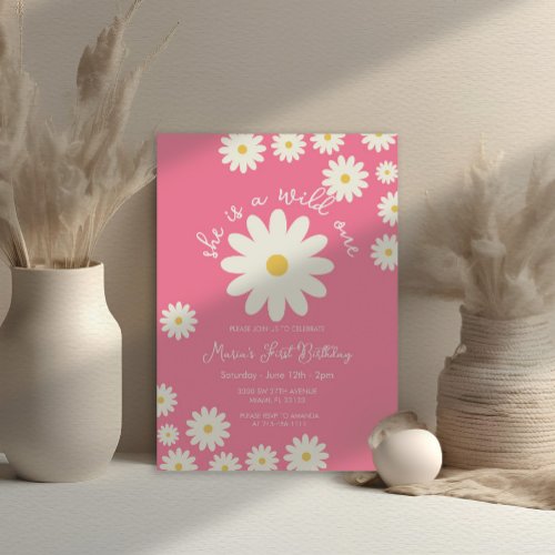 Pink White Daisy She is a Wild ONE Birthday  Invitation