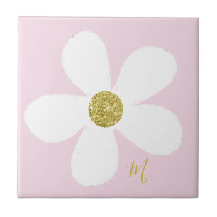 Pink White Daisy Simple Floral Gold Personal Ceramic Tile