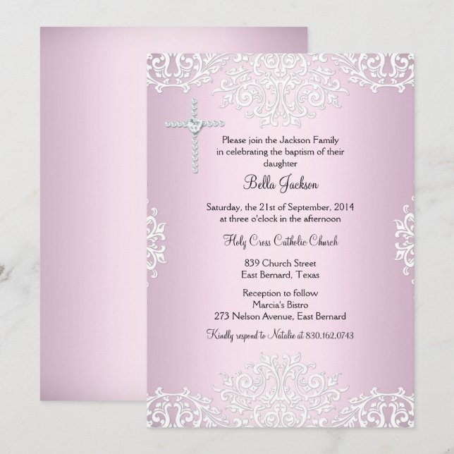 Pink White Damask Baptism/Christening Invite (Front/Back)
