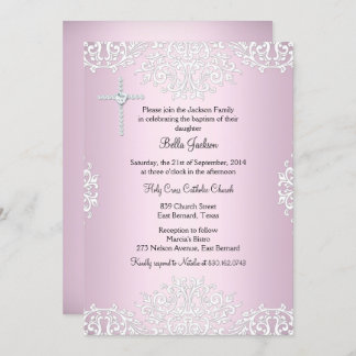 Pink White Damask Baptism/Christening Invite