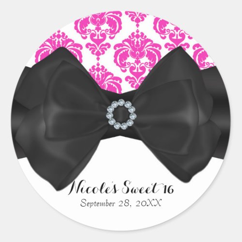 Pink  White Damask Black Bow Glam Sweet 16 Party Classic Round Sticker