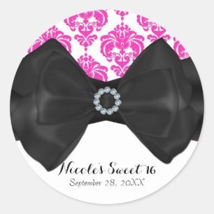 Pink & White Damask Black Bow Glam Sweet 16 Party Classic Round Sticker