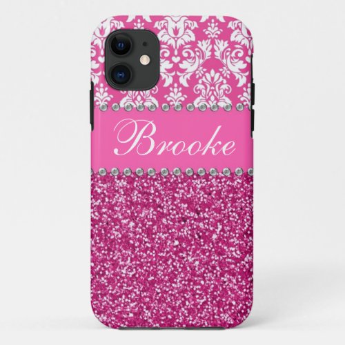 Pink  White Damask  Glitter Rhinestone Case