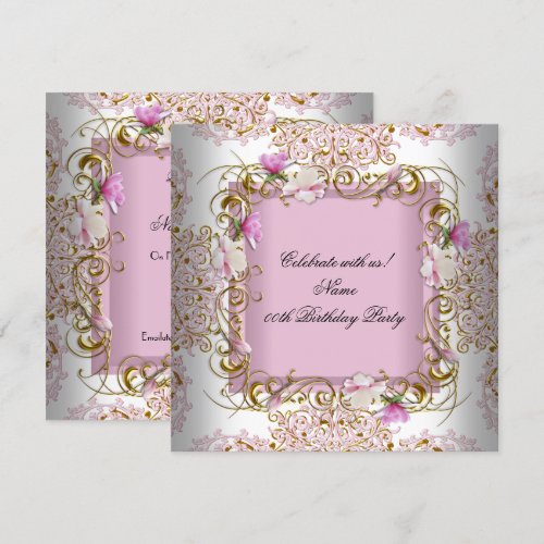 Pink White Damask Gold Flowers Birthday Party Custom Announcement