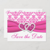 Pink, White Damask Hearts Save the Date Postcard (Front/Back)