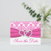 Pink, White Damask Hearts Save the Date Postcard (Standing Front)